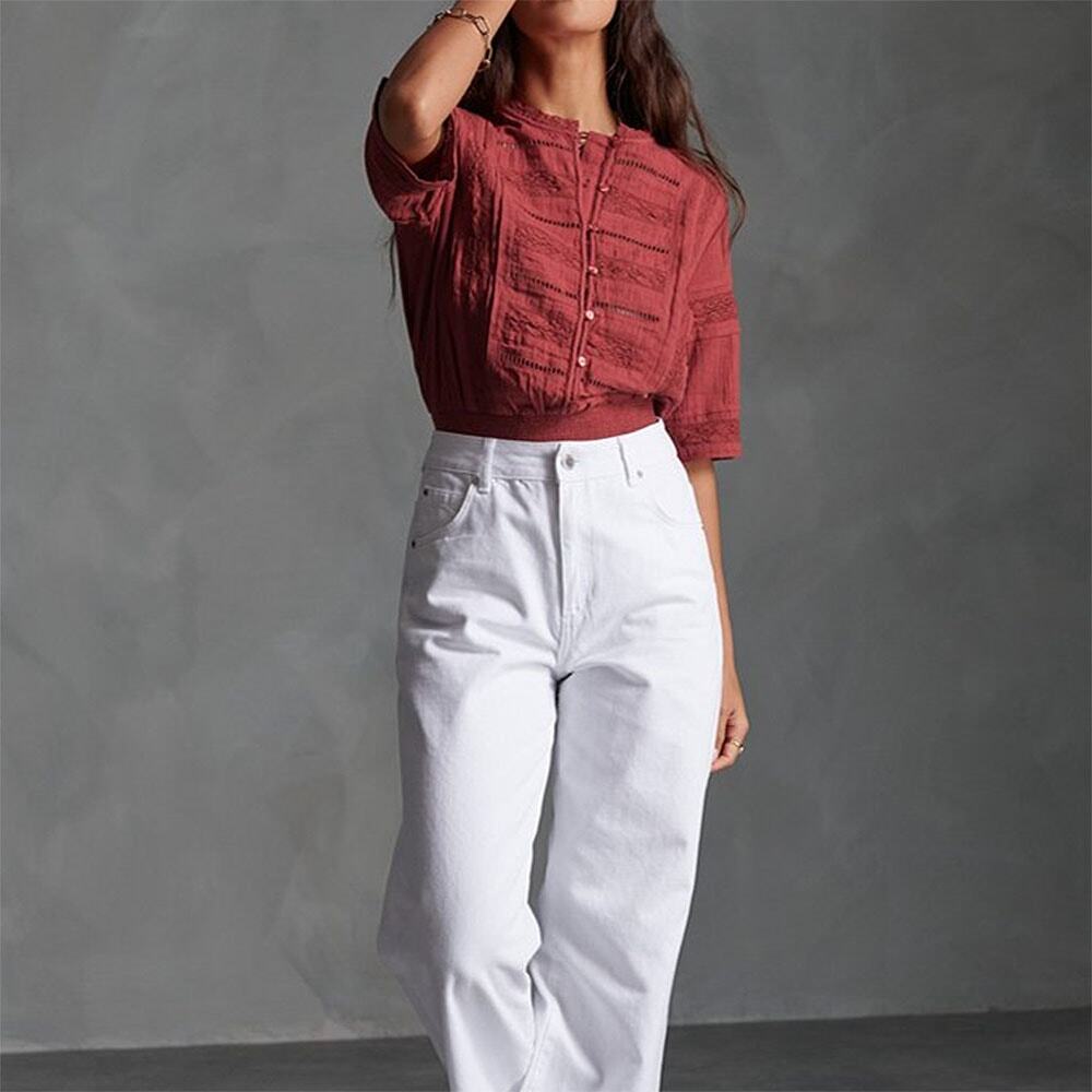Superdry Rust Red lace insets Button-Front cotton Crop Blouse